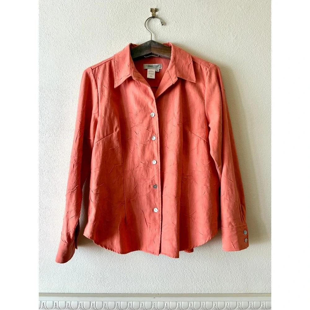 Coldwater Creek Coral Orange Crinkle Texture Button Up Top Women's Petite M Chic